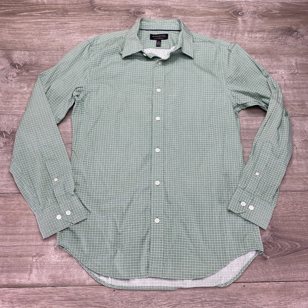 Banana Republic Shirt Mens Medium Green Non Iron Tailored Slim Dress Geometric
